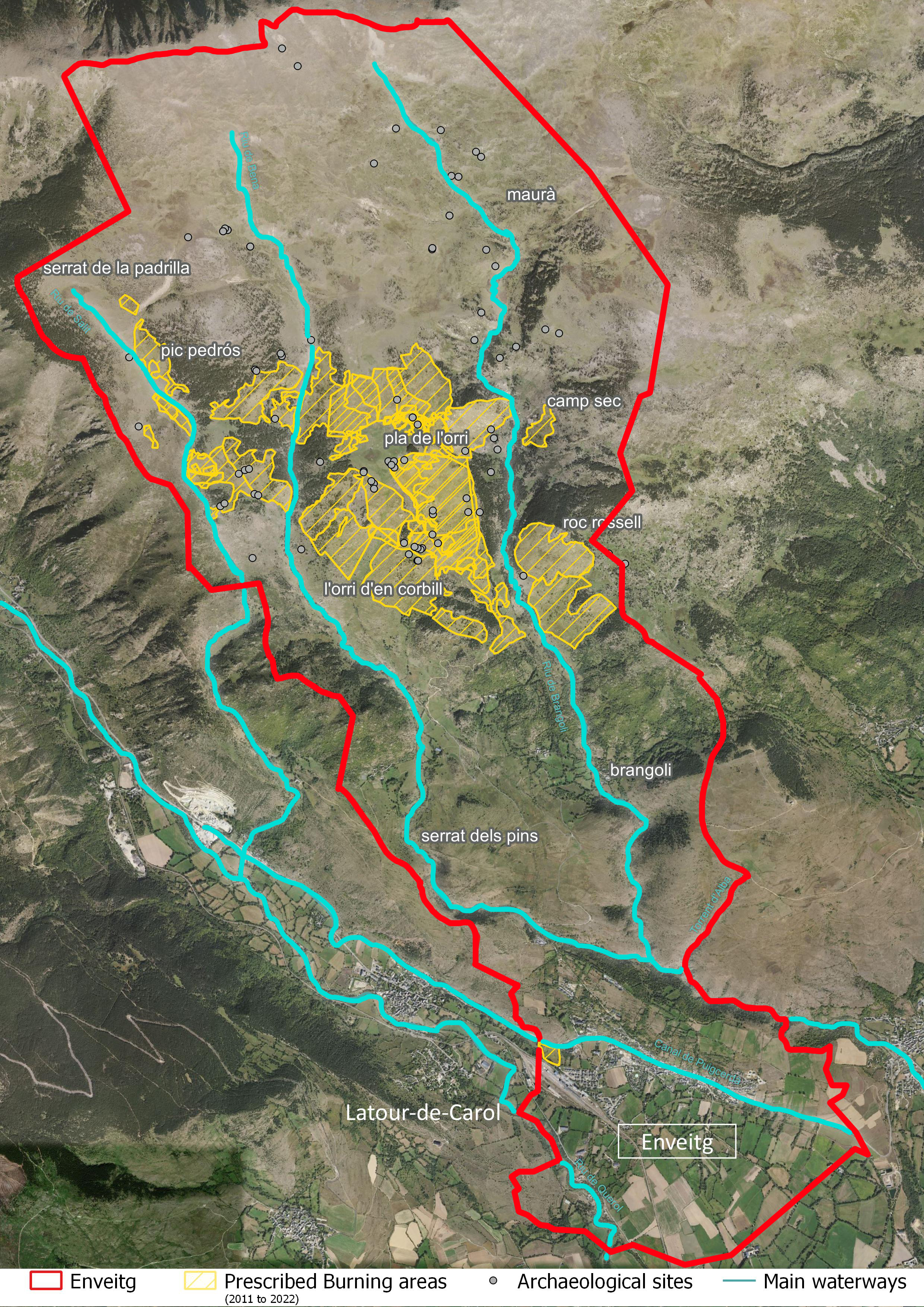 Title: Prescribed burnings in Enveitg (from 2011 to 2022); Year: 2023; Place: Toulouse, France; Author & Copyright: Marion Morel, CNRS, laboratoire GEODE (IGN, Bing Satellite, Cellule Brûlage Dirigé 66, Christine Rendu et al. (1996), Marie-Claude Bal (2006), Marie-Claude Bal et al. (2010)). Image